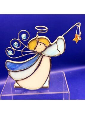Stained Glass Angel Tealight Candle Holder Christmas Wire Wing Crystal Star 5"